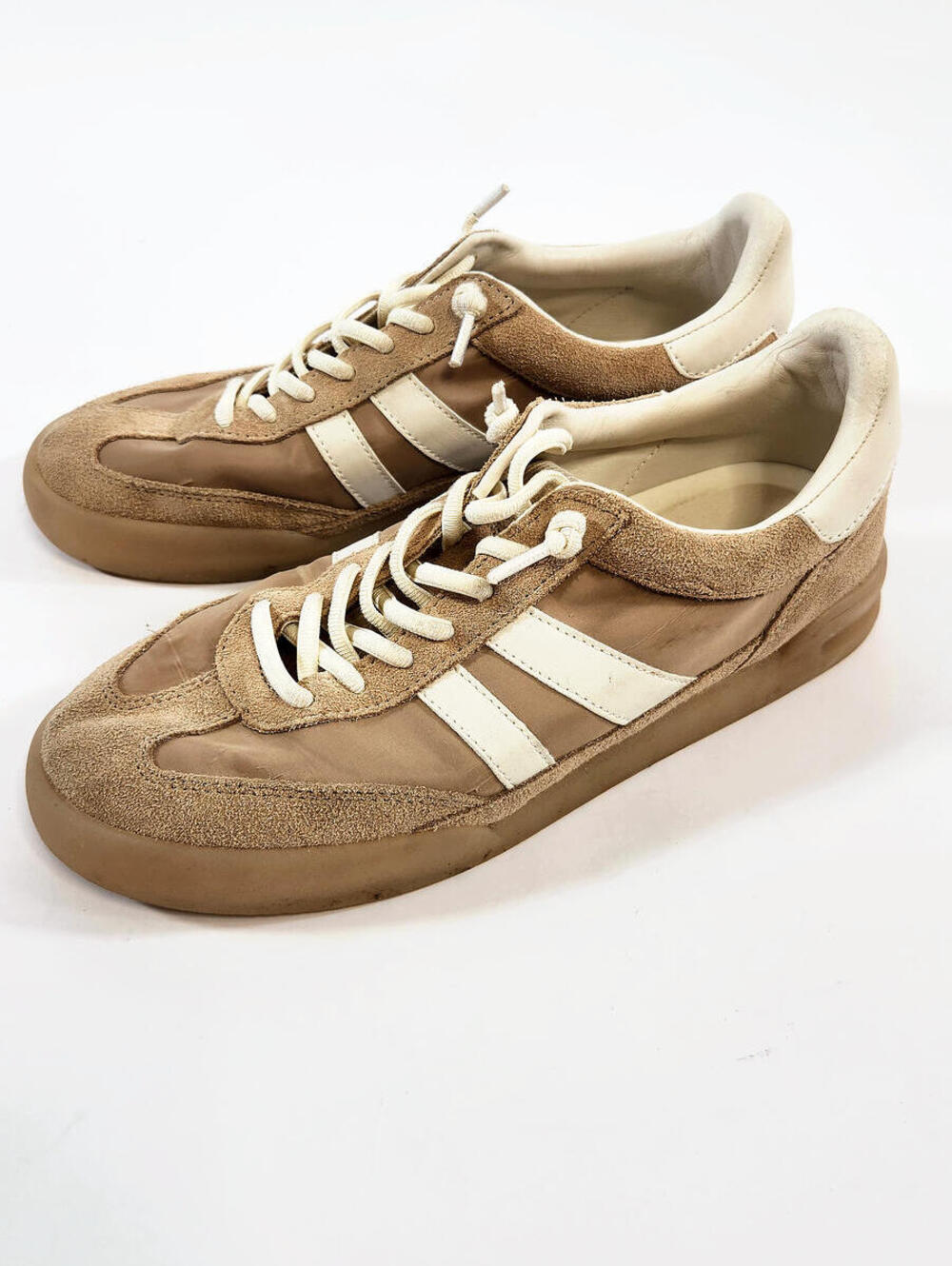 Tan Suede Lace-Up Sneakers with Cream Stripes